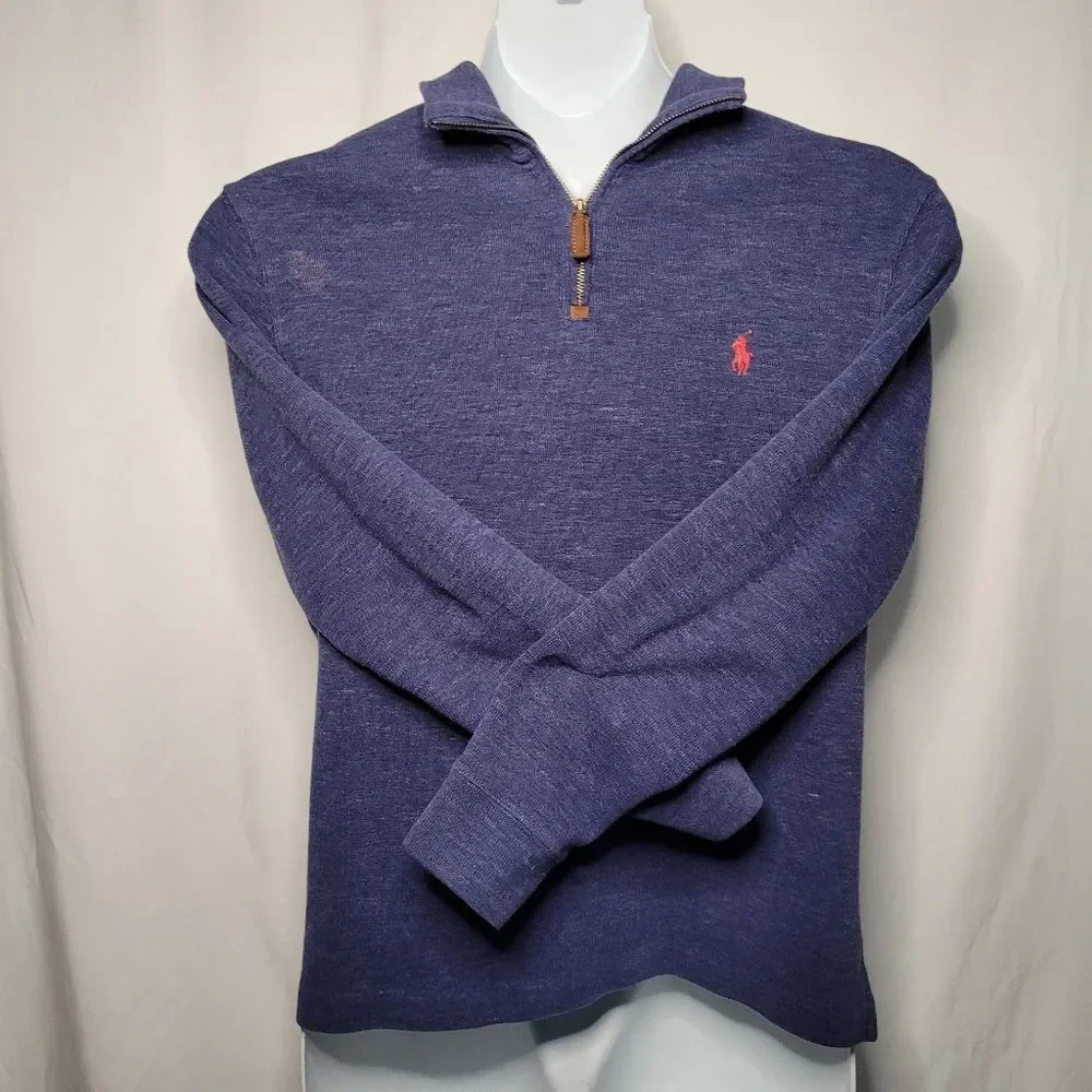 POLO Ralph Lauren Blue With Red Logo Long Sleeve V Neck Zip Up Sweater Pullover - Picture 2 of 11